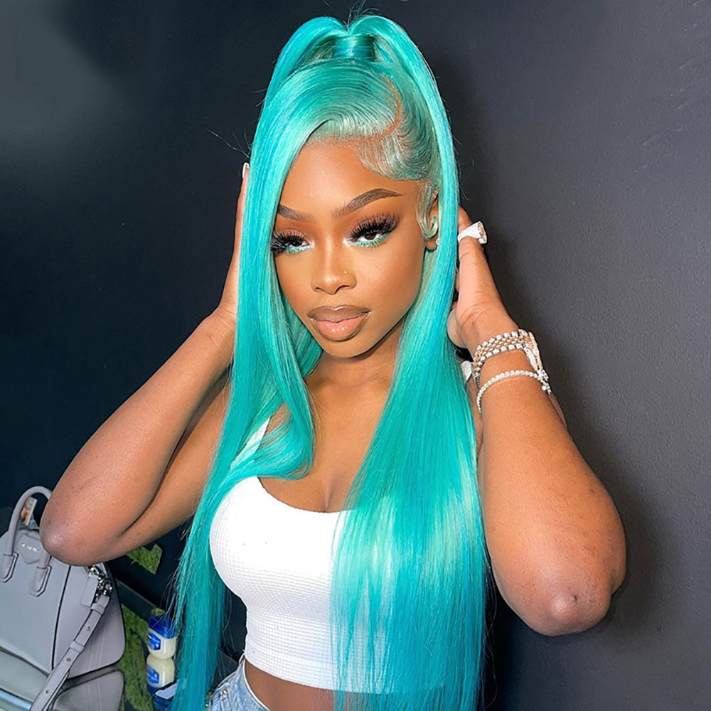 Turquoise 100% Human Hair 13x4 Lace Front Wig Small Knots Straight Hair [LFW35]